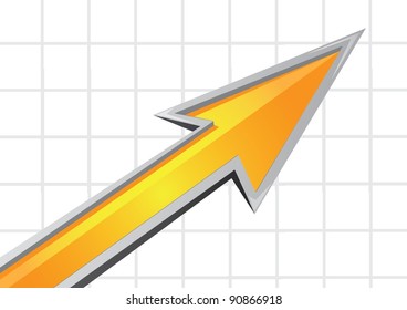 Golden arrow growing up graph on grid vector illustration.