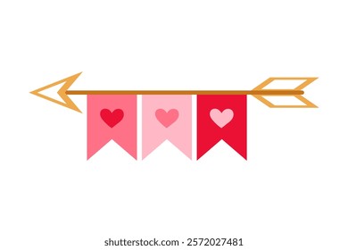 Golden arrow. Arrow icon with flags and hearts. Direction, path. Flat illustration on white background.