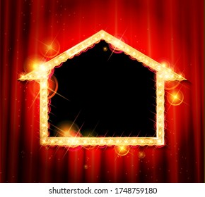 Golden arrow with light bulbs on the red theatrical curtain. Presentation and performance. Stock illustration.