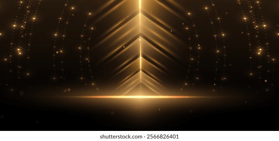 Golden arrow on dark brown background with lighting effect and sparkle. Luxury template celebration award design. Vector illustration