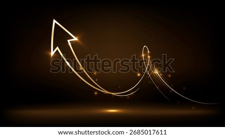 Golden arrow on dark brown background with lighting effect and sparkle. Luxury template celebration award design. Vector illustration