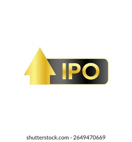A seta dourada aponta para cima ao lado de "IPO" em um retângulo preto com cantos arredondados, sugerindo crescimento, contra um fundo branco plano, iluminado com brilho e otimista.