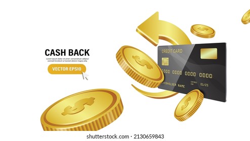 flecha dorada girando alrededor de la tarjeta de crédito negra y había monedas de oro flotando en el aire para el diseño de promoción de retorno de efectivo, vector 3d aislado en fondo blanco para el concepto financiero 