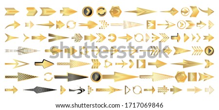 Golden arrow set. Different gold directional icons, vector illustration collection for web design, mobile apps, interface and other design.