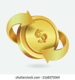 The golden arrow spins around a one dollar coin for making advertising media about cash back promotions,vector 3d isolated on white background for financial concept design