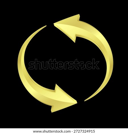 Golden arrows curves and rotates in a circle. Refresh, Update symbol or download. 3D Vector EPS10. Isolated on black Background.