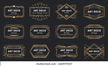 Golden art deco badges. Gold frame label, decorative badge and geometric frames vector set. Collection of elegant rectangular borders for emblem, label. Retro linear ornaments, vintage decorations.