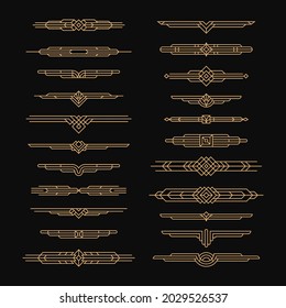 Golden art deco borders. Geometry ornament elements, gold decor dividers. 1920s vintage creative frame, modern decoration tidy vector design