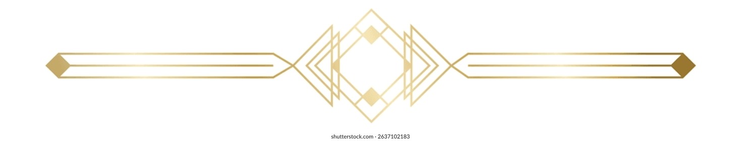 Golden art deco divider forming a horizontal geometric pattern with rhombuses, lines and dots, creating an elegant and vintage decorative element