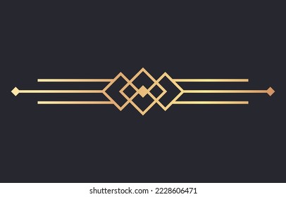 Golden art deco divider header icon on dark background. Vintage 1920s elegant frame, nouveau style header. Gold retro border decorative ornament. Luxury page decoration sign. Vector illustration