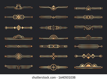 Golden art deco dividers. Decorative geometric border, retro gold dividers and luxury 1920s decoration elements vector set. Collection of decorative horizontal lines, ornaments in fancy vintage style.