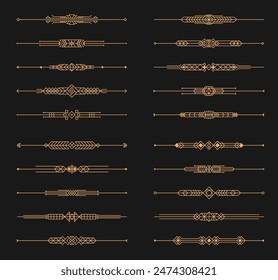 Separadores art decó dorados, marcos de borde de menú, elegantes Elementos de adorno de línea. Vector conjunto de adornos geométricos lineales vintage para separación de texto o decoración invitaciones de boda en estilo art deco