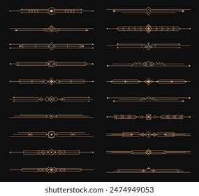 Golden art deco dividers, menu border elements, elegant ornament frame vector set of decorative elements. Refined gold luxurious, symmetrical dividers, underlines or headers. Art deco embellishment