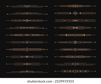 Golden art deco dividers, menu border elements, elegant line ornament frame. Vector set of vintage ornamental decorative embellishments. Gold luxurious, Art deco linear patterns, underlines or headers