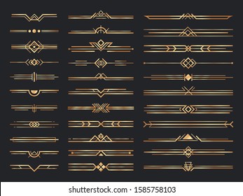 Golden art deco dividers. Vintage gold ornaments, decorative divider and 1920s header ornament. victorian deco interior dividers, luxury geometric borders. Isolated vector signs set