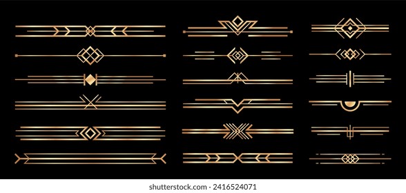 Golden art deco dividers. Vintage gold ornaments, decorative divider	
