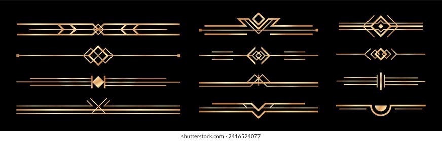Golden art deco dividers. Vintage gold ornaments, decorative divider	