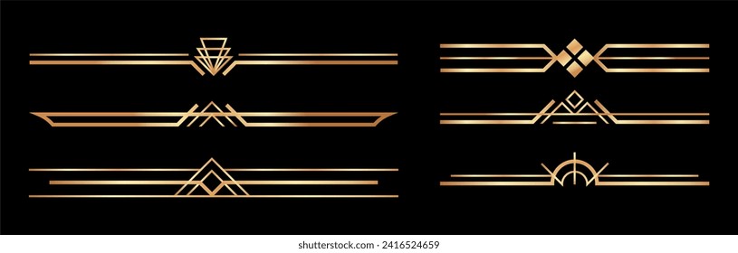 Golden art deco dividers. Vintage gold ornaments, decorative divider