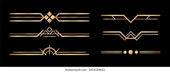 Golden art deco dividers. Vintage gold ornaments, decorative divider