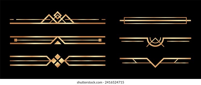 Golden art deco dividers. Vintage gold ornaments, decorative divider