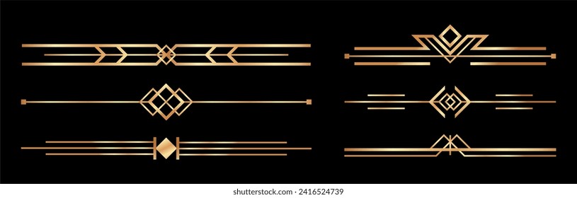 Golden art deco dividers. Vintage gold ornaments, decorative divider