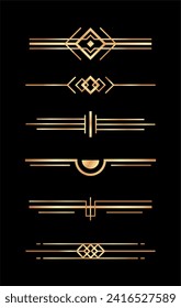 Golden art deco dividers. Vintage gold ornaments, decorative divider