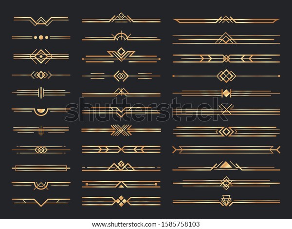 Golden art\
deco dividers. Vintage gold ornaments, decorative divider and 1920s\
header ornament. victorian deco interior dividers, luxury geometric\
borders. Isolated vector signs\
set