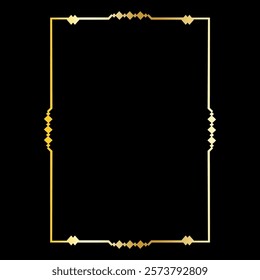 Golden art deco. Elegant rectangular frame. Decorative vintage outline. Black background highlight.