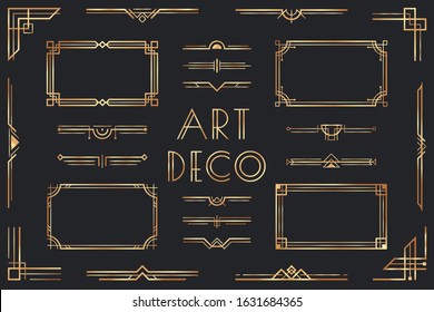 Golden art deco elements. Ornamental frame, retro 1920s divider border and decorative gold corner vector set. Collection of fancy luxury metallic decorations, geometric ornaments in vintage style.
