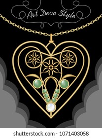 Golden art deco filigree necklace, pendant in heart shape with flowers and green gems on fine golden chain, antique gold jewel, fashion in victorian style, unusual golden jewelry