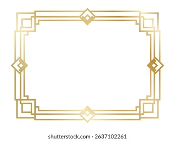 Golden art deco frame featuring geometric shapes and diamonds, creating an elegant and vintage border, perfect for invitations, posters, or any design seeking a touch of Great Gatsby style