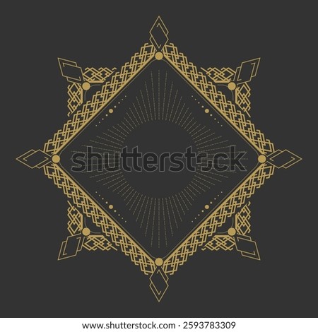 Golden Art Deco frame in hexagonal shape on dark background. Vintage retro Art Deco border design. Vector illustration