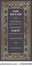 Golden art deco frame inviting guests to a luxurious party, featuring geometric patterns and a customizable text area for personalized messages