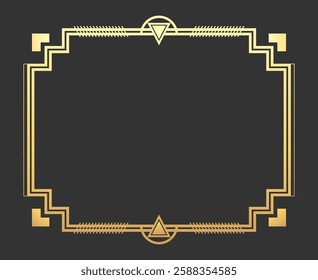 Golden Art Deco frame on dark background. Vintage retro Art Deco border design with geometric shapes. Vector illustration