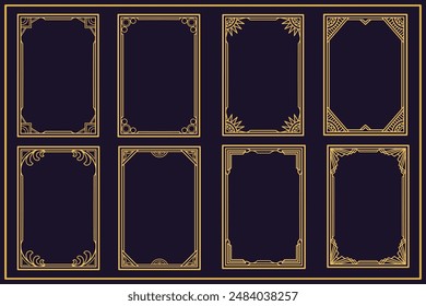 Golden art deco frame ornaments. Set of luxury golden decorative elements with different lines, frames. Suitable for card, certificate, invitation, poster.