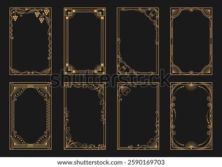 Golden art deco frames. Luxury decorative design elements. Geometric and plant parts. Modern card borders. Victorian ornament. Line gold framework. Floral flourish