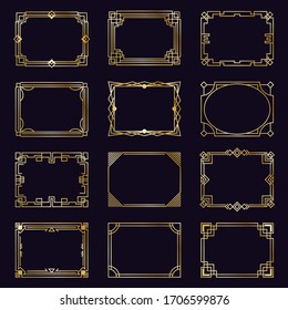 Golden art deco frames. Modern gold elegant borders, arabic geometric decorative ornament frame, antique decorative elements isolated icons set. Border frame, geometric golden filigree illustration