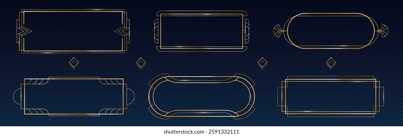 Golden art deco frames set isolated on transparent background. Vector realistic illustration of gatsby style rectangular and oval luxury borders, elegant shiny lines, retro 20s poster decoration