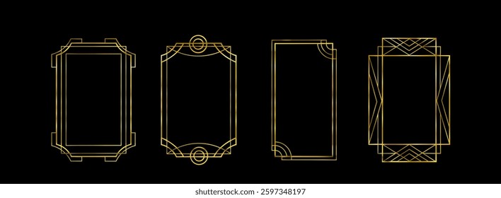 Golden art deco frames set isolated on black background. Vector realistic illustration of gatsby style rectangular luxury borders, elegant shiny lines, retro 20s poster decoration
