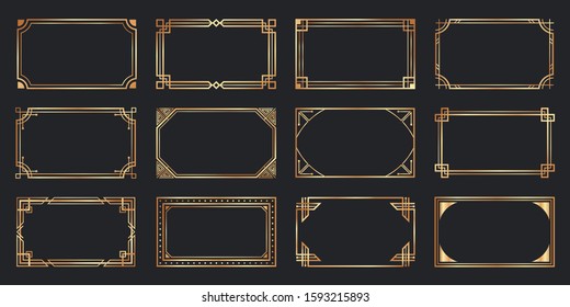 Golden art deco frames. Vintage decorative frame, gold ornaments borders and geometric lines ornament vector set. Elegant decorations with copyspace. Luxurious decorative design elements