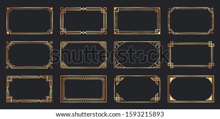 Golden art deco frames. Vintage decorative frame, gold ornaments borders and geometric lines ornament vector set. Elegant decorations with copyspace. Luxurious decorative design elements