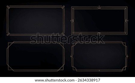 Golden art deco frames. Vintage elegant borders with decorative geometric elements, gold retro wedding invitation card design. Vector frame collection.