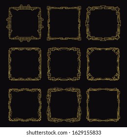 Golden Art deco geometric frame set, for Posters, backgrounds, invitations, cards, discount, social media, sale announcement and more. All lines are not expanded, so you can resize the outline/stroke.