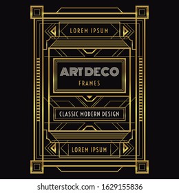 Golden Art deco geometric frame set, for Posters, backgrounds, invitations, cards, discount, social media, sale announcement and more. All lines are not expanded, so you can resize the outline/stroke.