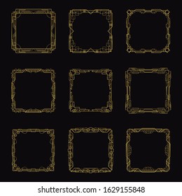 Golden Art deco geometric frame set, for Posters, backgrounds, invitations, cards, discount, social media, sale announcement and more. All lines are not expanded, so you can resize the outline/stroke.