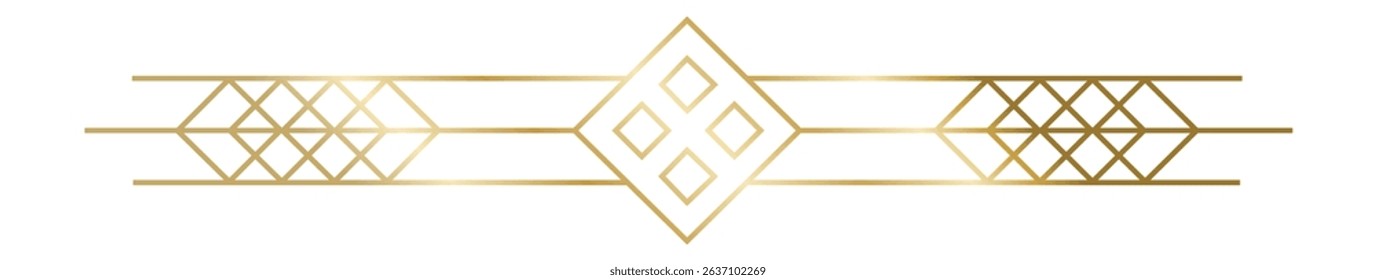 Golden art deco geometric ornament forming a horizontal band with rhombuses and squares, ideal for creating frames, borders, and decorative elements