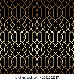 Golden art deco linear seamless pattern, black and gold colors. Luxury decorative ornament. Vintage vector background, wallpaper. Gold geometric shapes, elegant retro texture