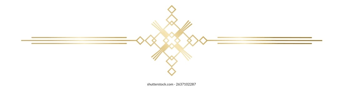 Golden art deco ornament dividing two parts with thin horizontal lines and central rhombuses creating a geometrical pattern, ideal for luxury and elegant graphic design projects