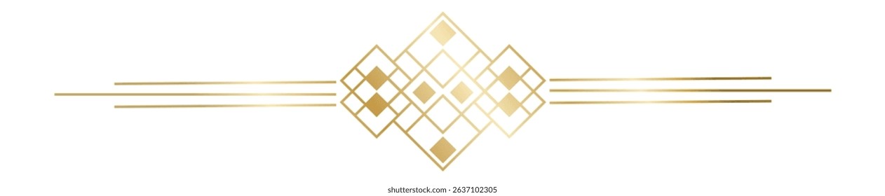 Golden art deco ornament forming a horizontal banner with rhombuses and lines, ideal for luxury projects, invitations, weddings, labels, certificates, and packaging