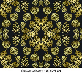 golden art deco pattern on black. vector seamless background. stylized geometric ornament, flowery floral motifs